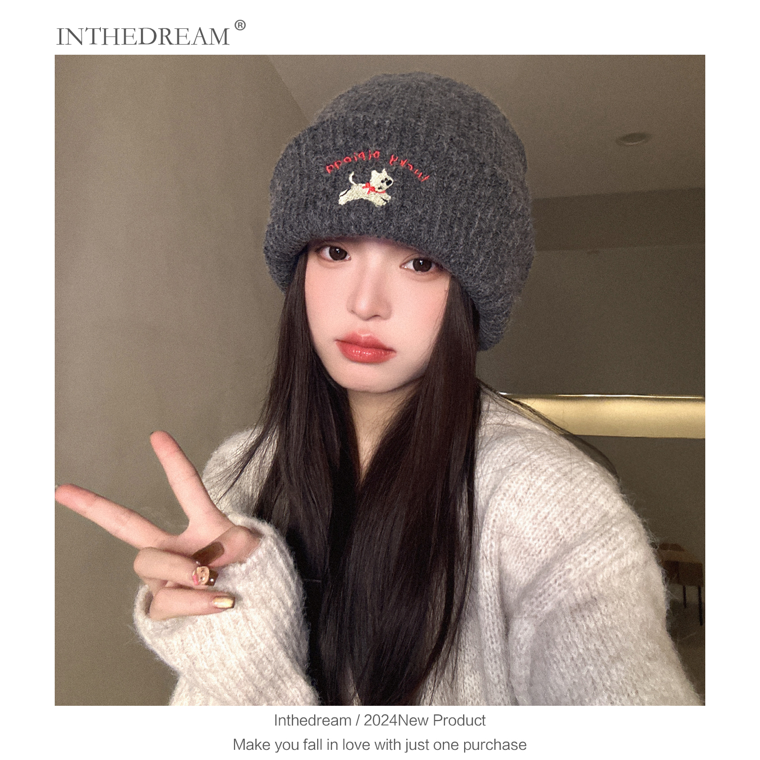 可爱小狗刺绣针织帽女2025年秋冬季毛线帽显脸小大头围冷帽子白色