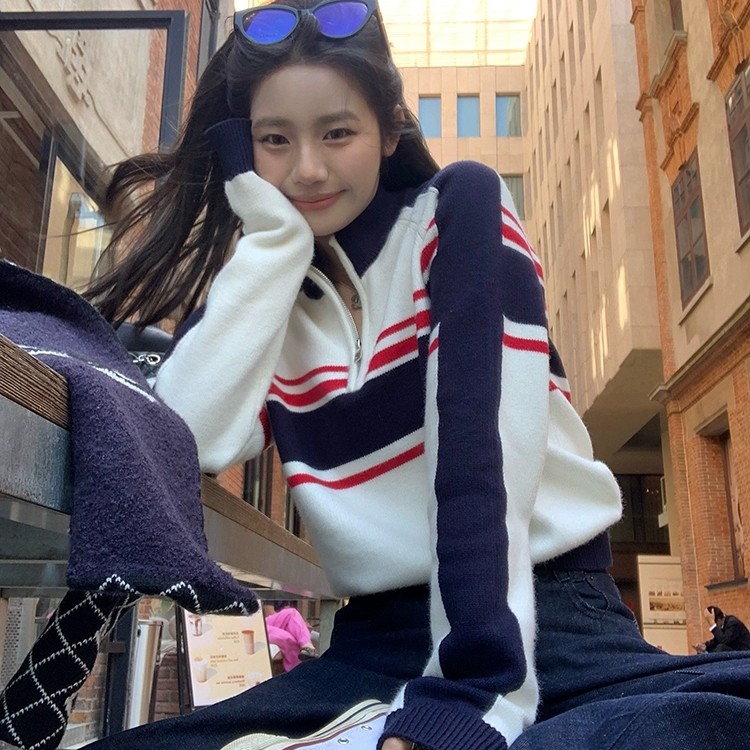 秋冬爆款2024新款气质韩系慵懒风拼接条纹半拉链针织衫上衣毛衣女
