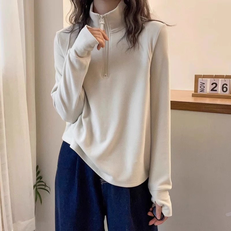 立领半拉链双面德绒卫衣女长袖T恤秋冬新款设计感打底衫内搭上衣