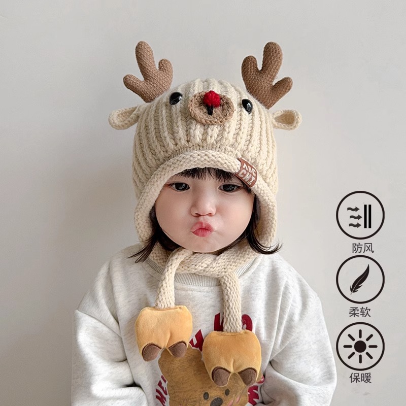 宝宝帽子冬季可爱小鹿加绒护耳帽男女童针织帽秋冬加厚保暖毛线帽