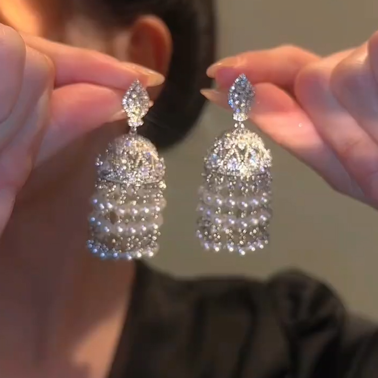 铜合金合成锆石耳饰 民族风铃鸟笼耳饰珠珠流苏耳钉夸张立体耳坠