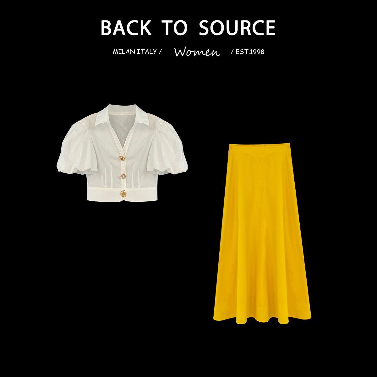 JCC【亦玫同款】明媚花苞短袖钻钻扣衬衫+收腰设计感明媚黄色半裙