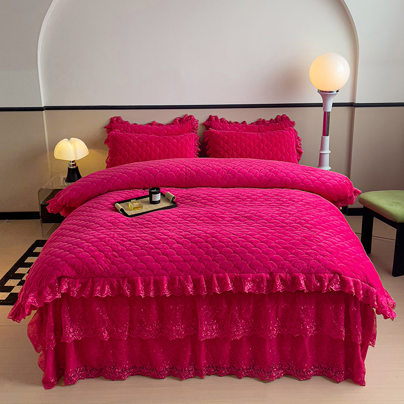 处理床上用品宝宝绒夹棉床裙款四件套双面加绒加厚被套花边牛奶绒