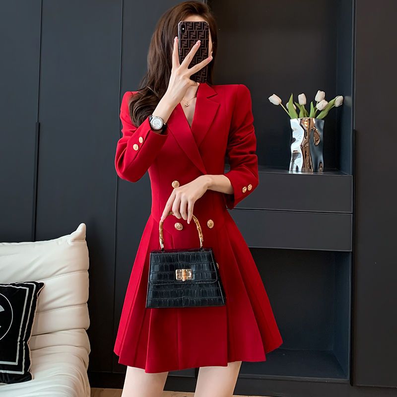 职己红色西装洋装冬季2022新款高腰双排扣气质女神范通勤职业裙子