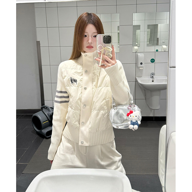 韩系针织拼接立领棉服外套女2025冬季新款高级感宽松保暖条纹棉衣