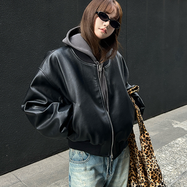2025春秋新款机车Pu皮衣外套女ins黑色宽松百搭圆领拉链长袖上衣