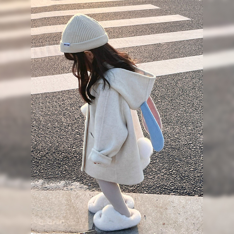 女童可爱小兔子大衣秋冬款儿童连帽呢大衣宝宝加厚洋气外套韩版
