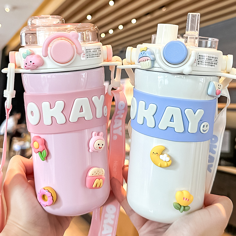 保温杯吸管女生高颜值双饮杯子大容量学生上学杯便携斜挎水杯316