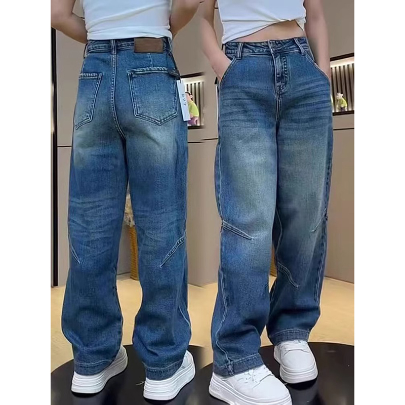 直筒牛仔裤女2025春季新款胖mm大码宽松高腰显瘦阔腿弯刀拖地裤子