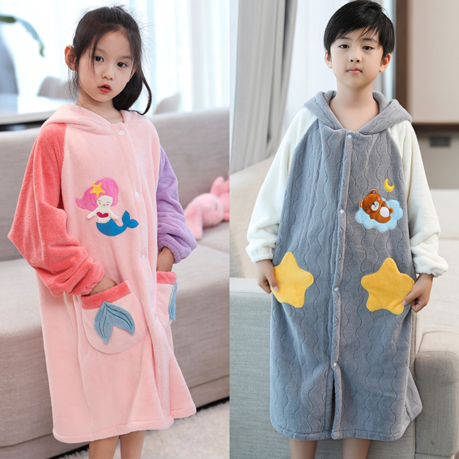 【如之纺】儿童可穿式浴巾男女中大童洗澡家用吸水浴袍珊瑚绒家居服