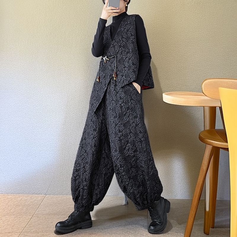 洋气时尚春秋老钱风复古提花不规则套装气质马甲高腰灯笼裤两件套
