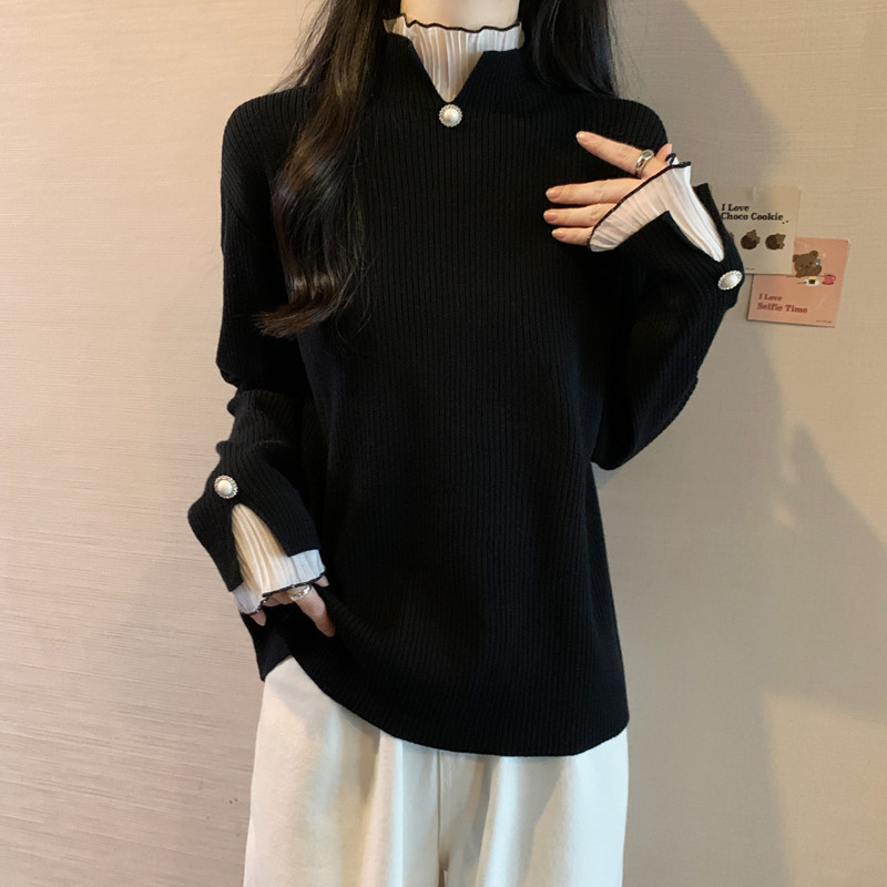大码高级感拼接假两件半高领针织衫女秋冬胖mm显瘦遮肚子打底毛衣