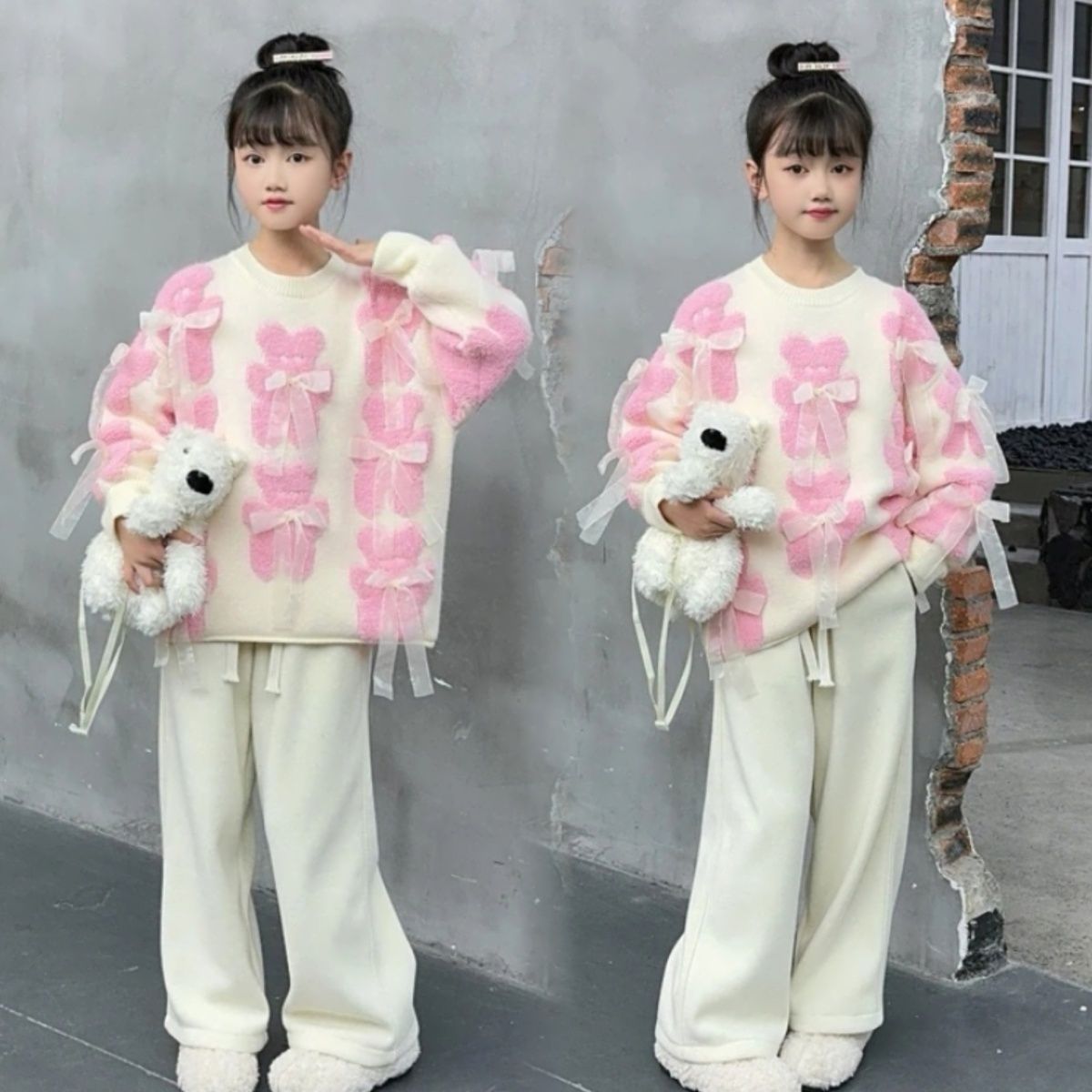 新款女孩冬装套头针织衫中大童慵懒风毛衣云朵加绒阔题裤套装