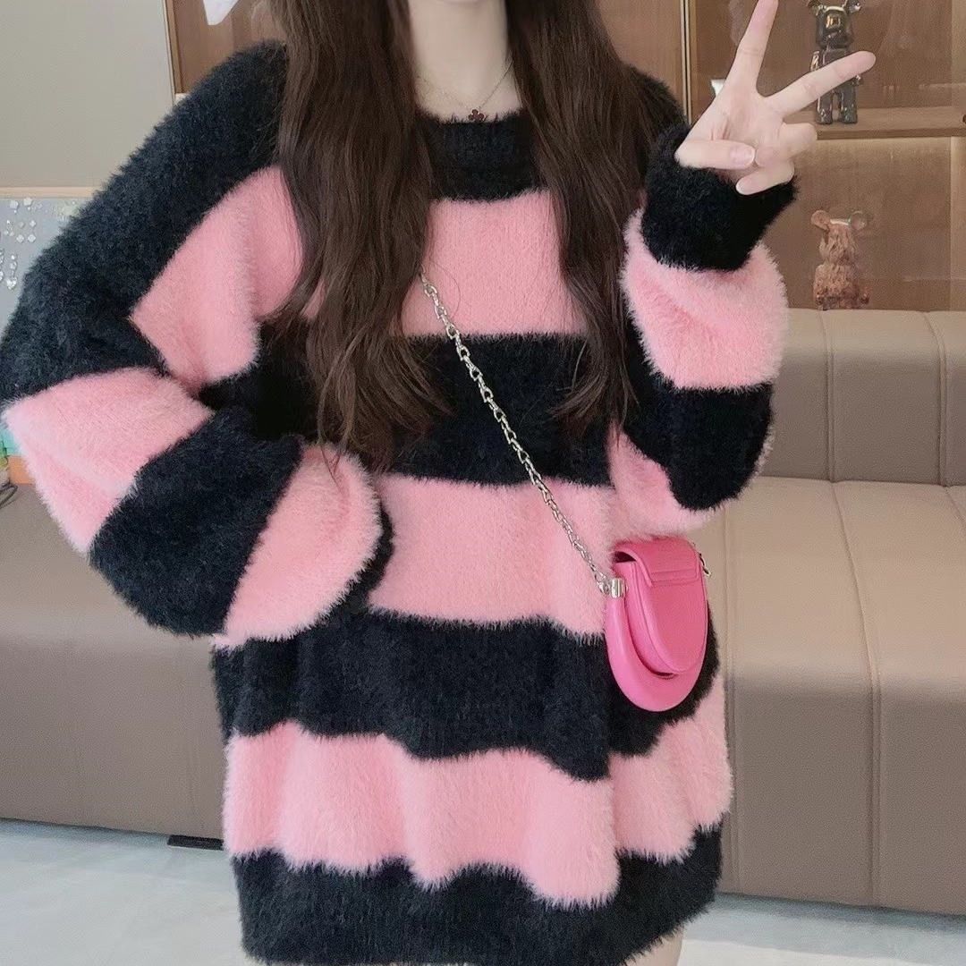 水貂绒条纹设计感ins韩系秋冬毛衣女2024新款加厚宽松外穿慵懒风