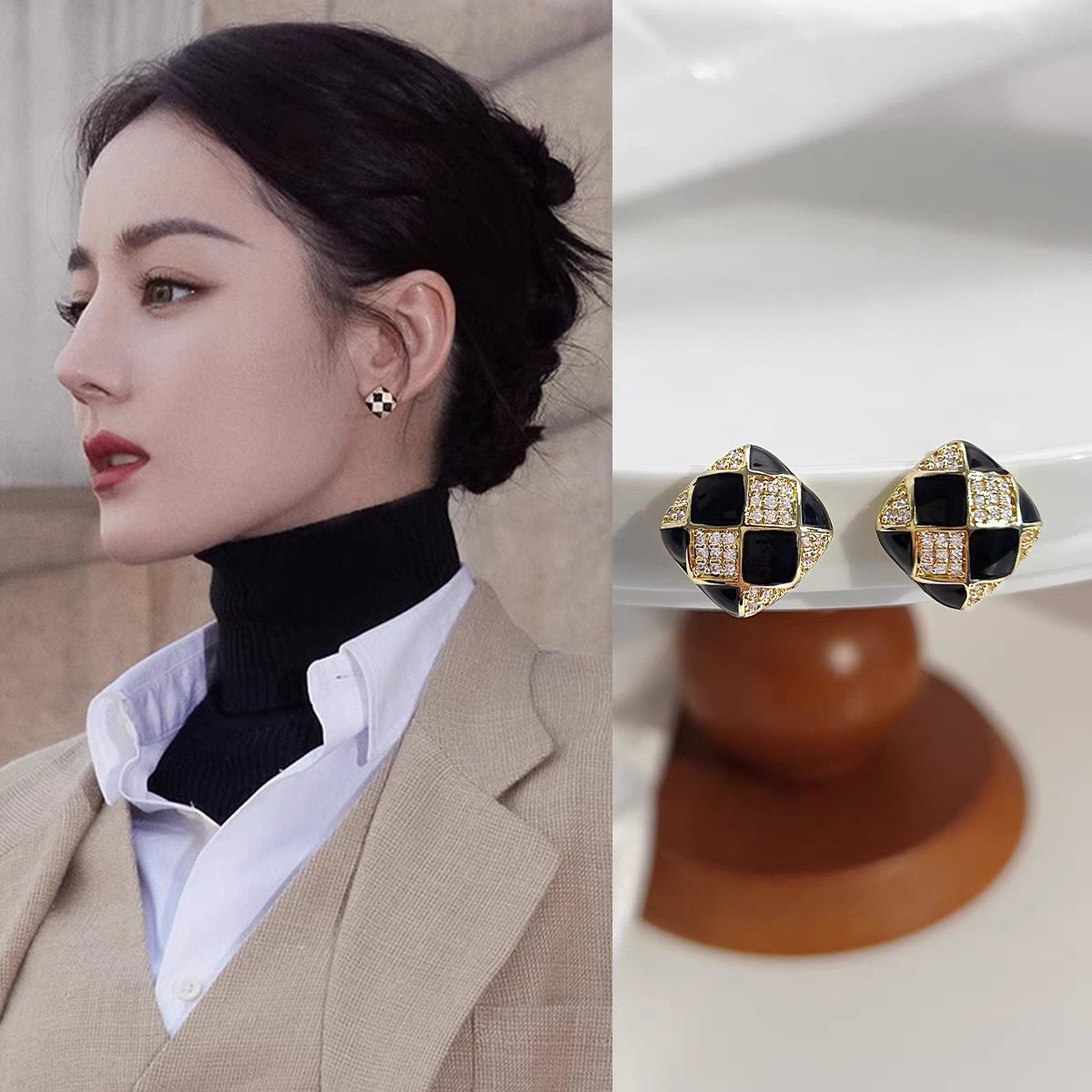 铜合金耳饰 轻奢高级感棋盘格蚊香盘女小众设计2024爆款耳夹气质