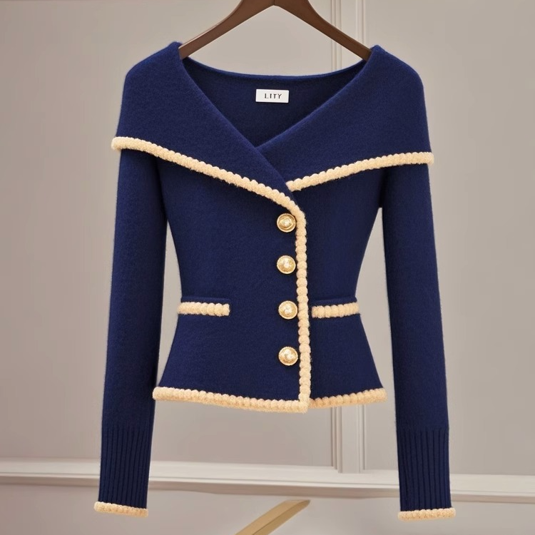 秋冬新款复古轻奢藏蓝色毛呢外套2024秋冬新款时尚百搭针织衫上衣