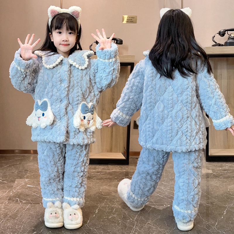 2025新款冬季珊瑚绒女童三层夹棉加绒加厚儿童套装睡衣卡通家居服