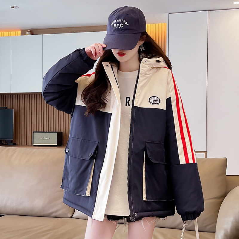 夹棉加厚冲锋衣外套少女秋冬2025新款初中高中学生拼色工装棉服潮