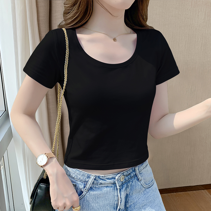 黑色短款t恤女短袖修身夏季设计感小众高腰正肩露脐上衣2025新款