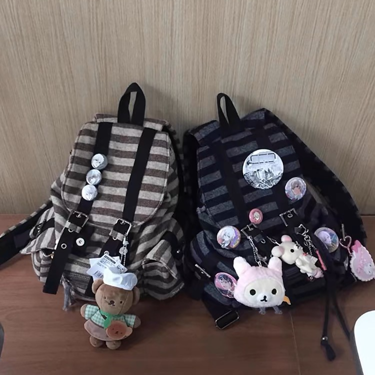 Newjeans同款机能风复古条纹双肩包新款百搭大容量学生上课休闲包