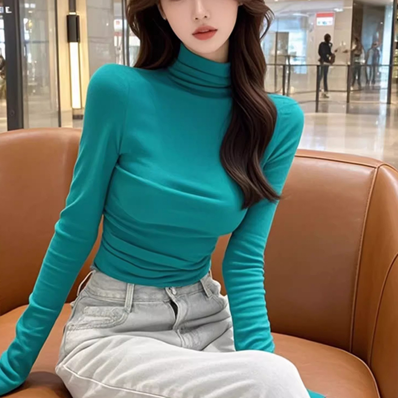 纯欲辣妹风高领绿色长袖打底衫女秋季新款设计感修身显瘦内搭上衣
