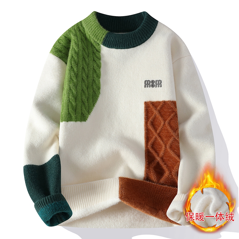 加厚一体绒拼接撞色毛衣男士冬季美式个性设计感针织衫宽松慵懒风
