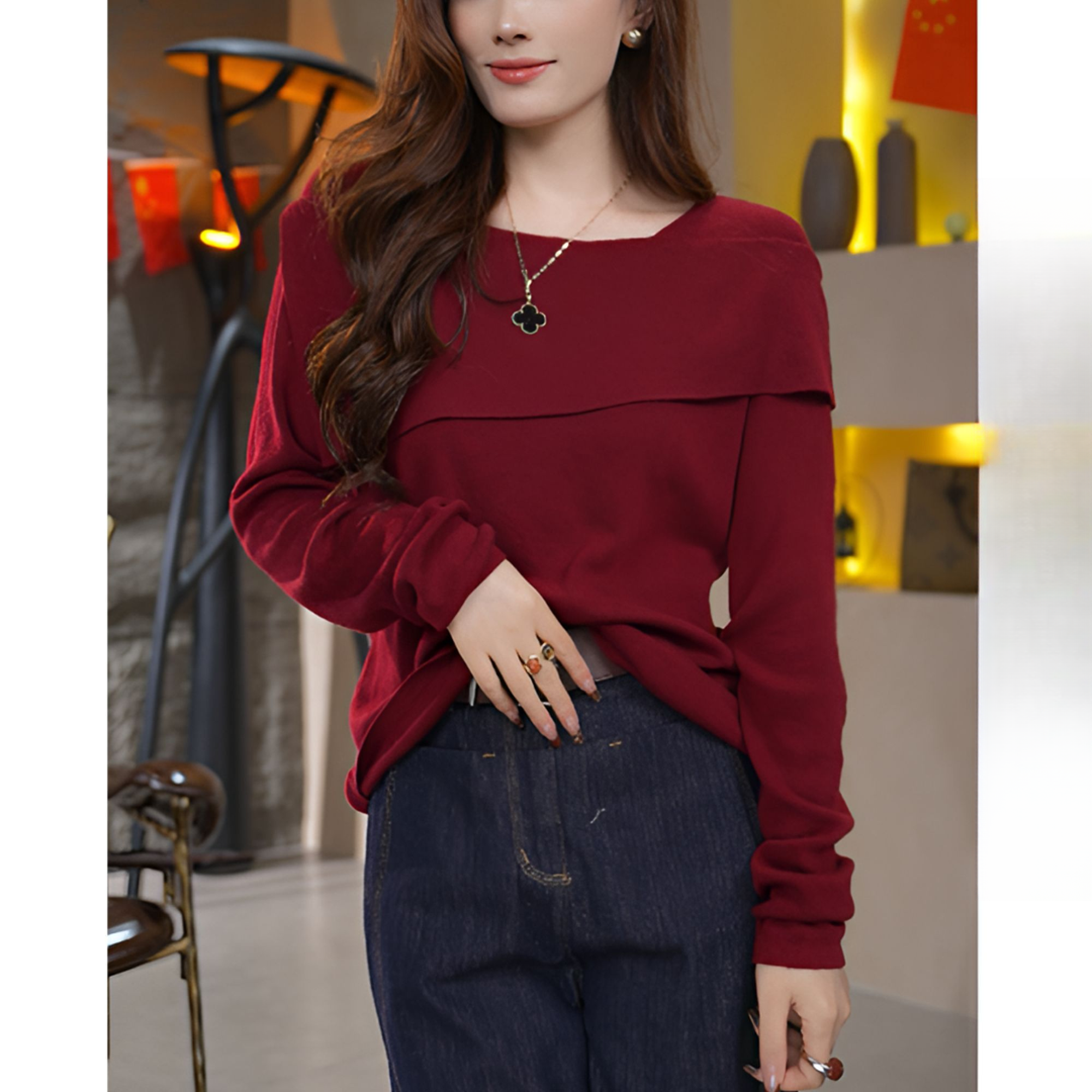 2026法式气质百搭新款秋冬针织衫休闲简约一字肩女上衣G4-50