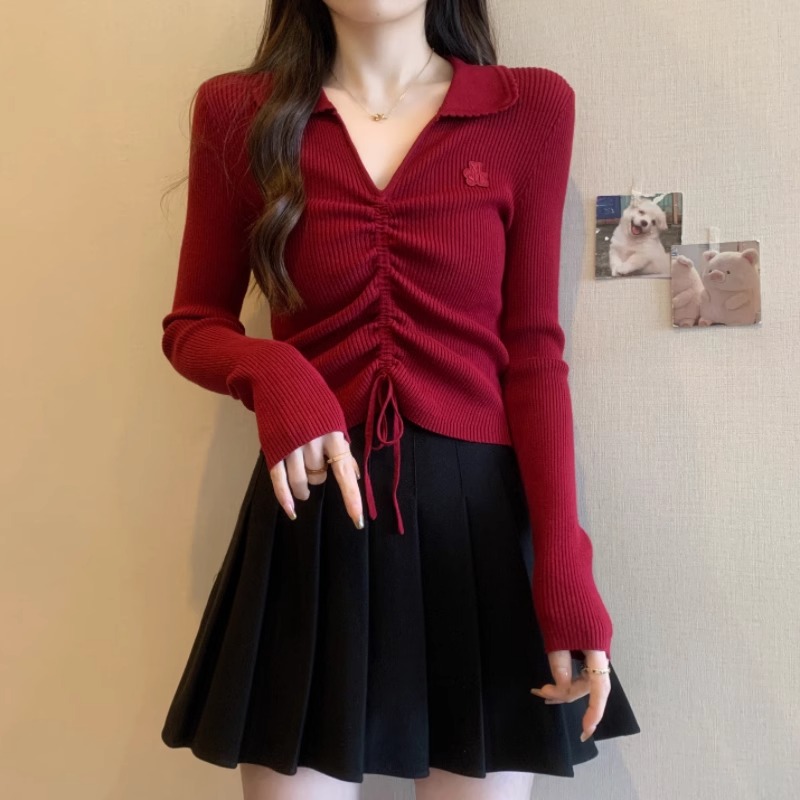 安哥拉红V领针织衫女2025春季漂亮小衫不规则抽绳打底衫上衣G1-83