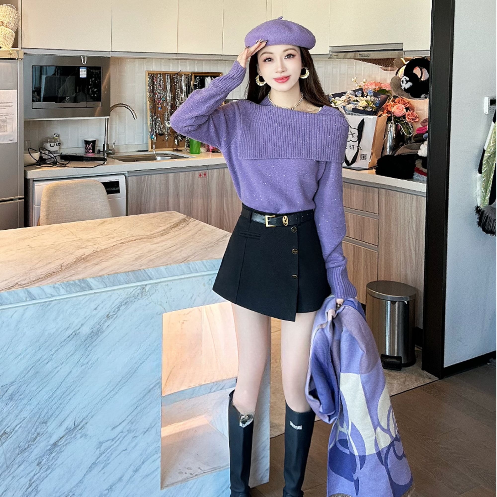 2025韩系新款纯欲辣妹百搭气质针织衫时尚一字领显瘦女上衣H3-33