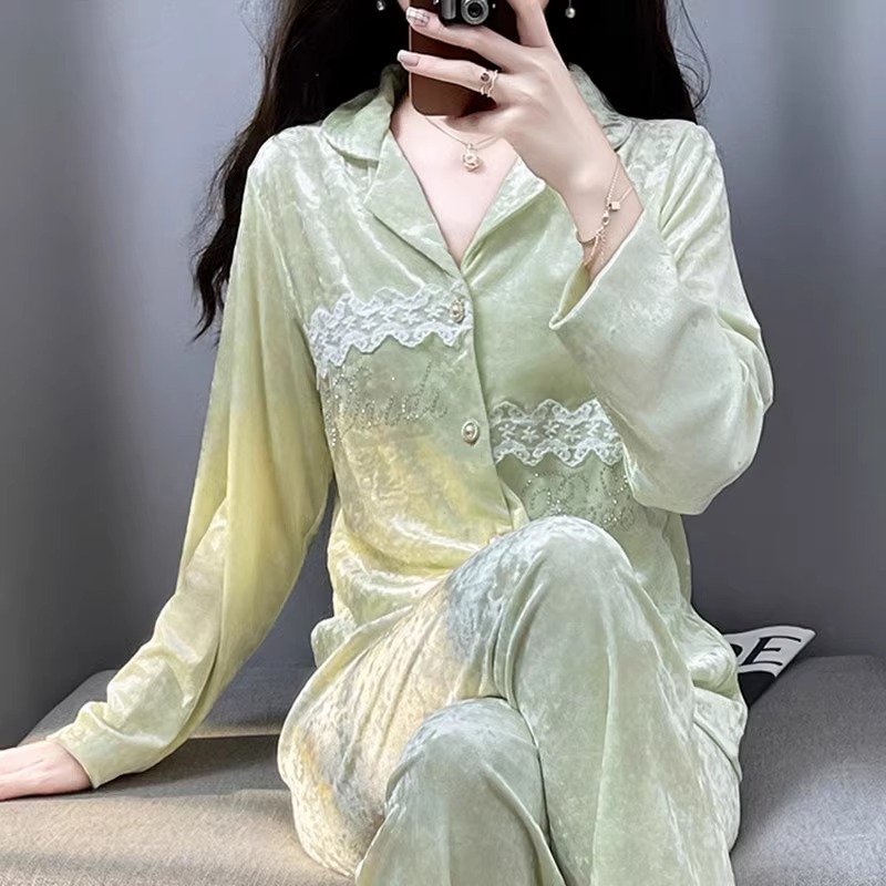 tpvl轻奢高级感钻石丝绒睡衣女秋冬长袖绿色可外穿套装韩版家居服