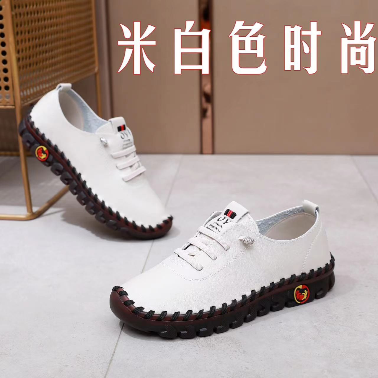 真软皮单鞋舒适平底系带妈妈鞋宽胖脚牛筋底软底软面中年大码女鞋