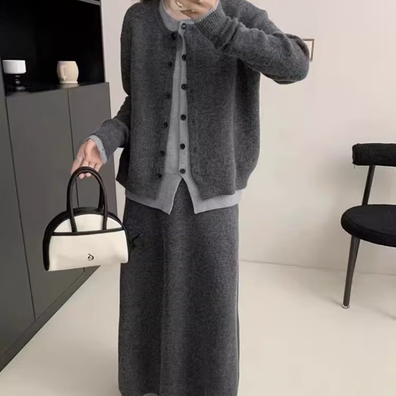 韩版休闲风高级感圆领假两件针织开衫半身裙套装女春秋上衣宽松