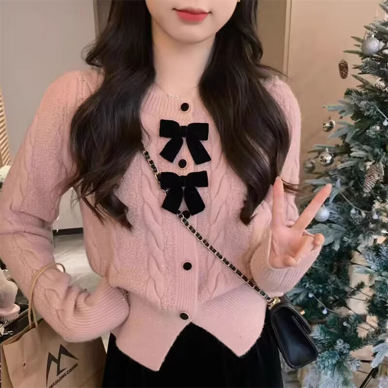 韩系蝴蝶结麻花毛衣外套女装2025春秋新款独特超好看纯色针织开衫