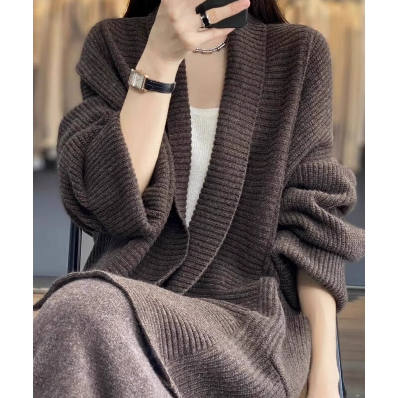 针织外套女加厚中长款2025年春秋新款外搭绞花宽松针织开衫