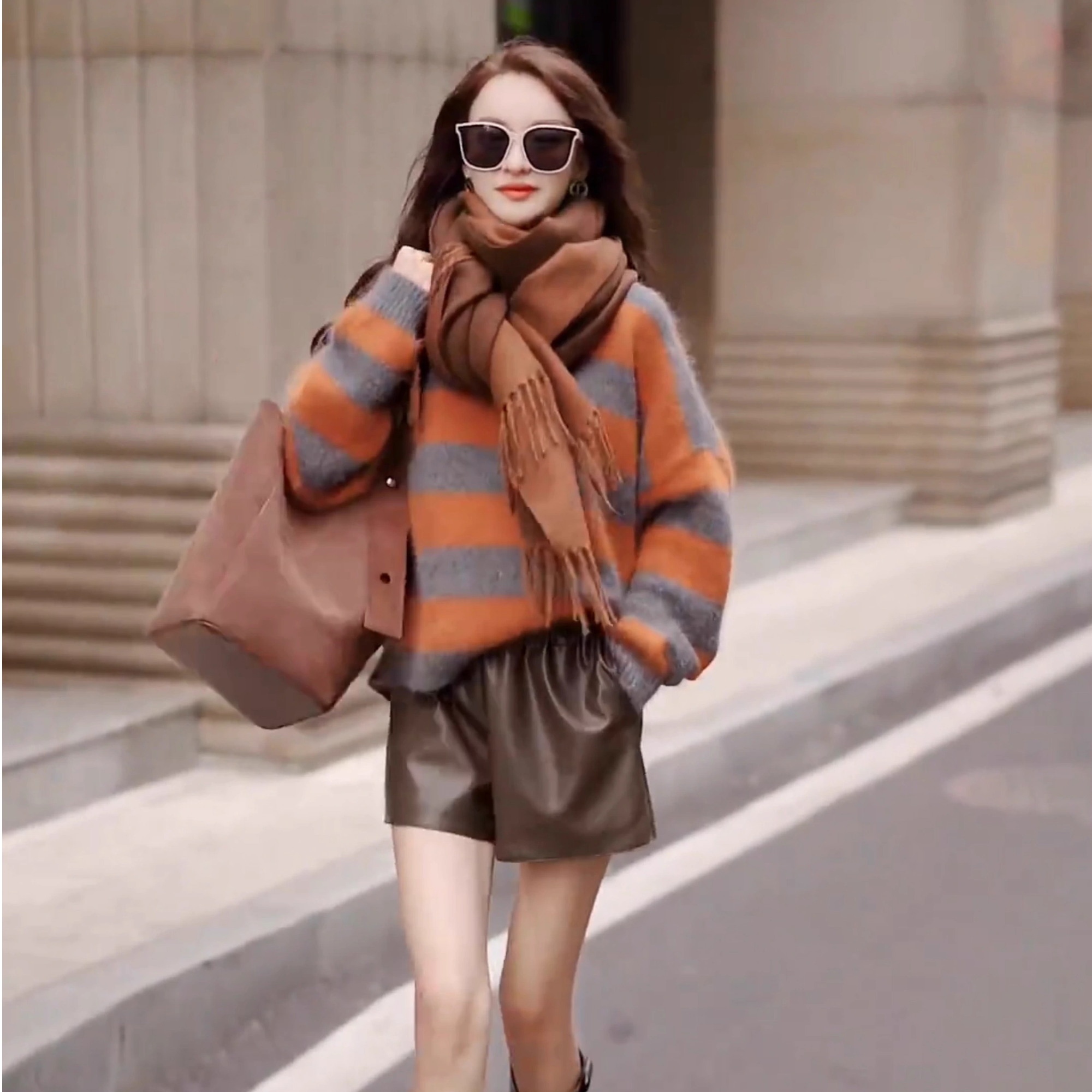 复古港风撞色粗条纹毛衣女韩版慵懒风宽松软糯套头针织百搭上衣潮