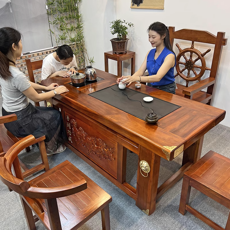 老船木茶台现代中式禅意家用茶几一体侘寂风原木办公室茶桌椅组合
