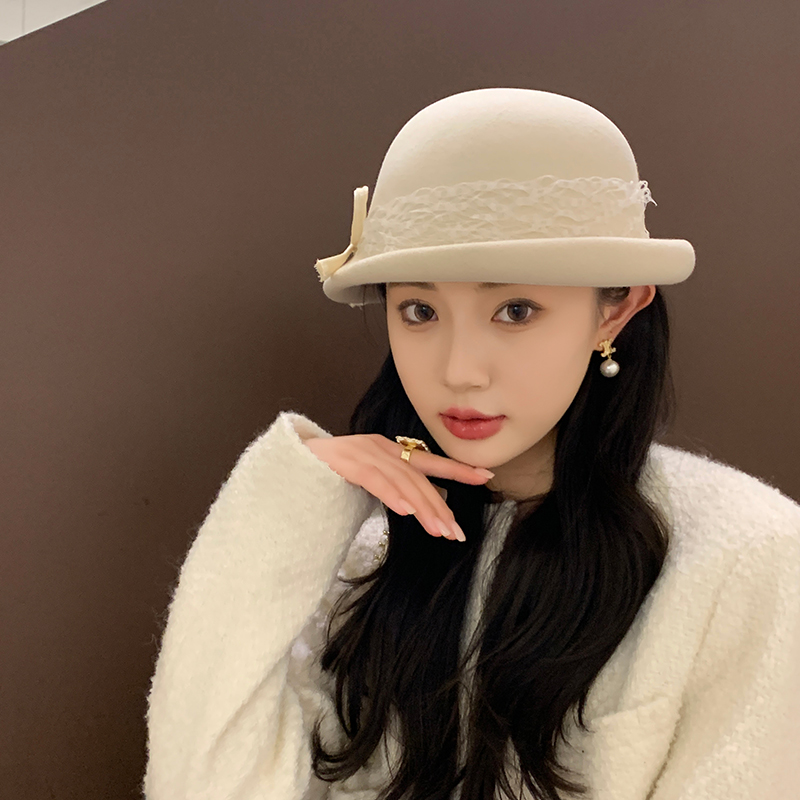 侧面cm设计师蕾丝蝴蝶结翘边羊毛贝雷帽秋冬女法式千金小礼帽盆帽