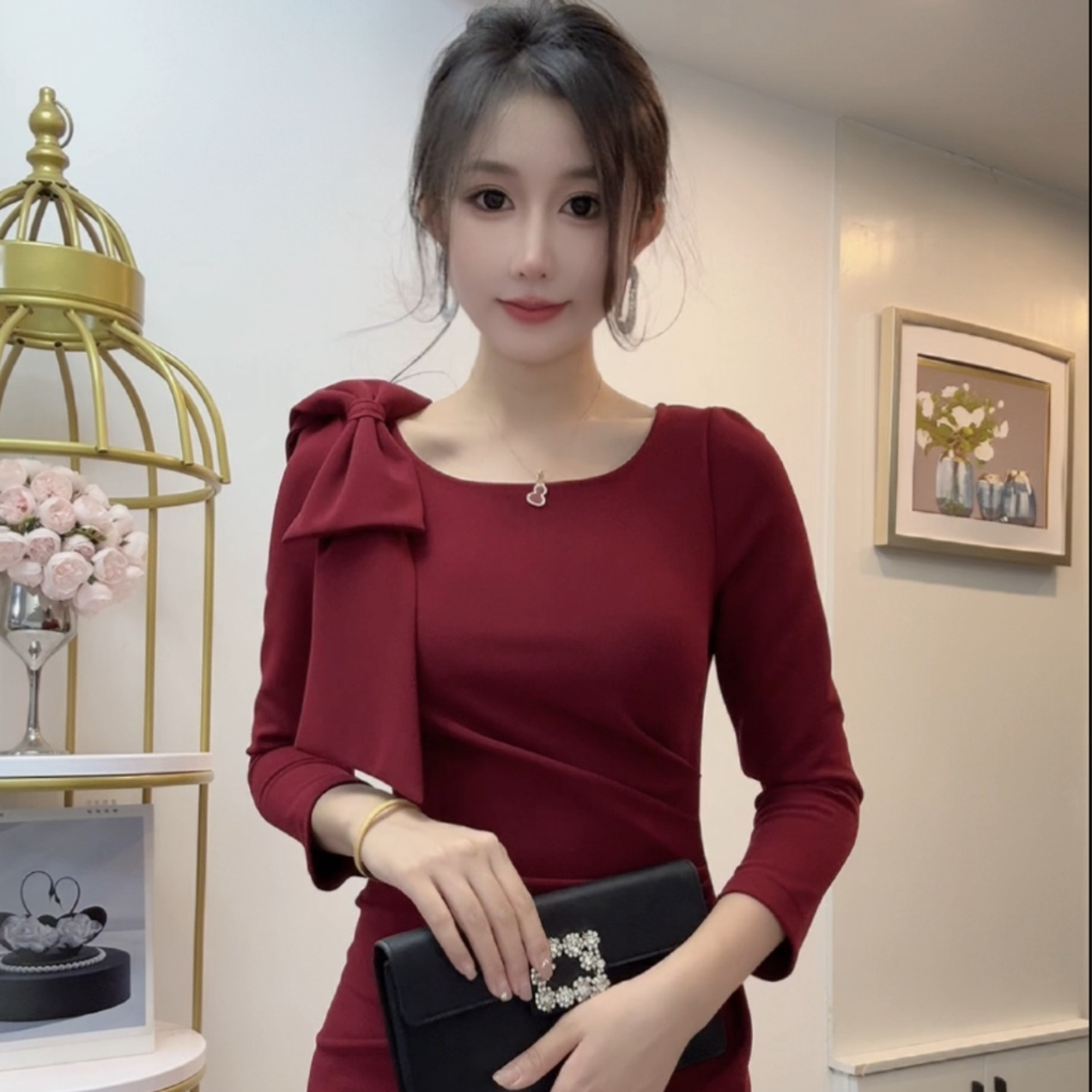 【8818玫瑰之约】春秋红色秋冬短款长袖连衣裙洋气七分袖显瘦气质