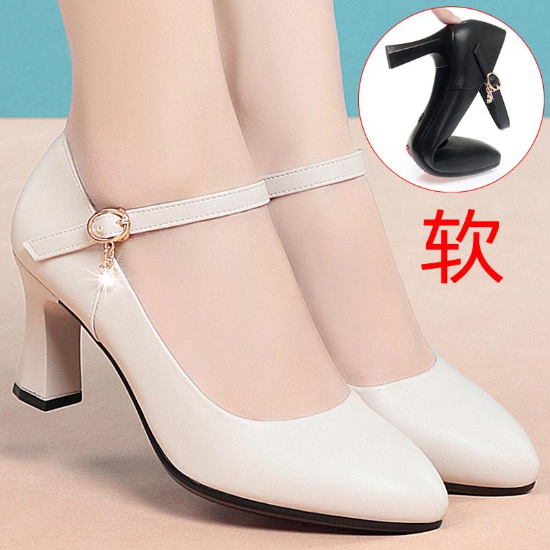 春季真皮白色一字扣带高跟配旗袍跳舞中年妈妈鞋工作皮鞋单鞋女鞋