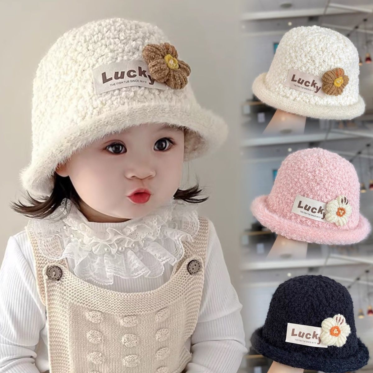 女宝宝帽子秋冬款韩版洋气婴儿针织水桶帽冬季女童时尚加厚渔夫帽