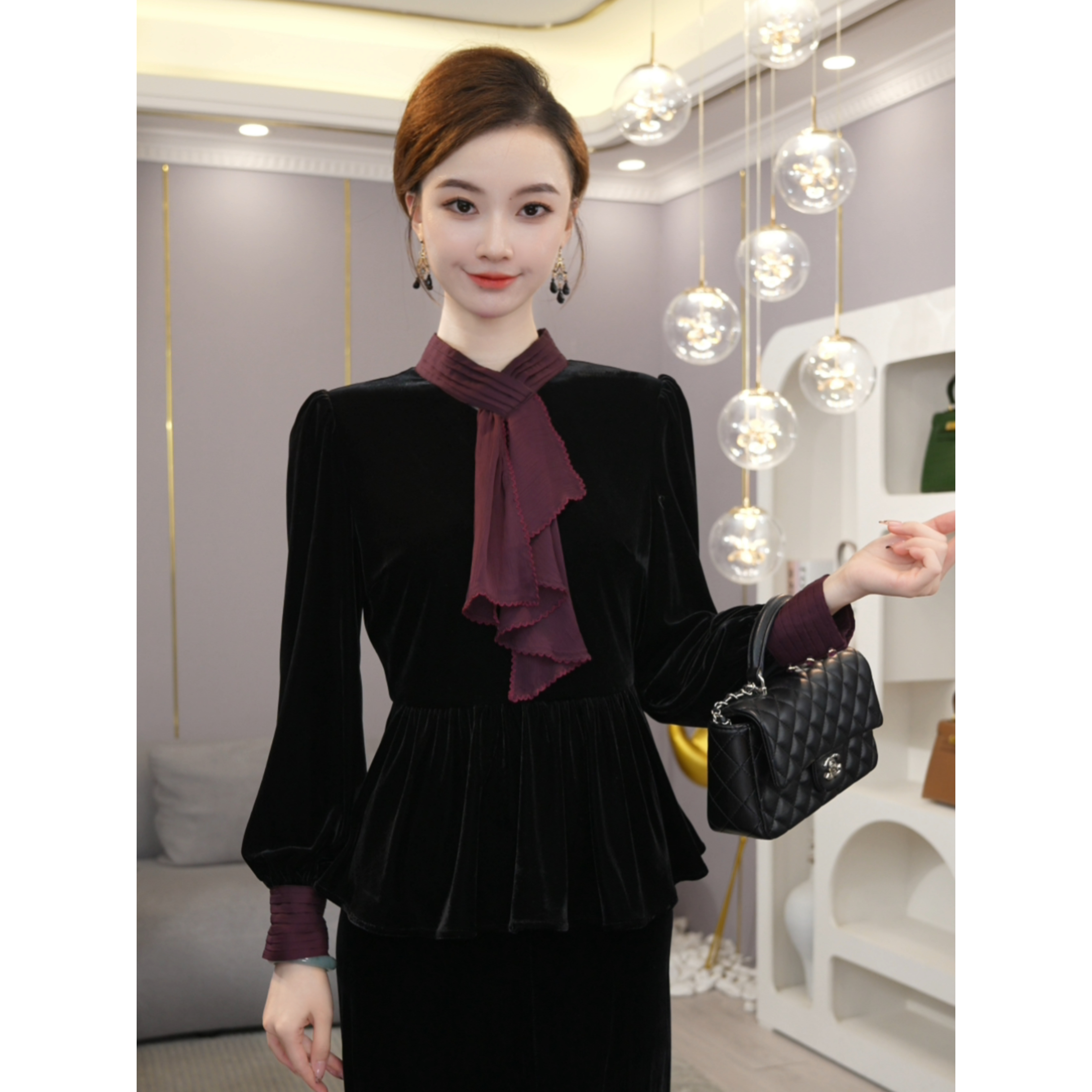 唐熹2026秋冬新款【LT24-Q698】时尚荡领高级气质丝绒衬衫上衣