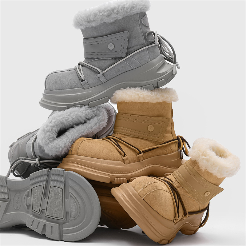 雪地靴情侣包头厚底增高保暖中筒绑带防水防滑牛皮加绒大头靴子女