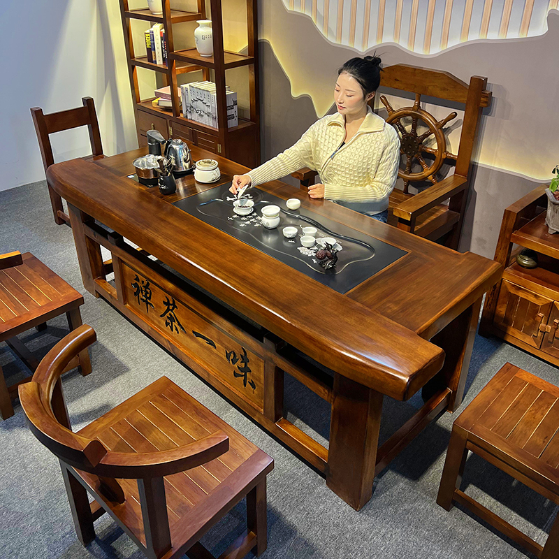 实木茶桌烧水壶一体中式家用办公室茶台老船木茶几整套高端泡茶台