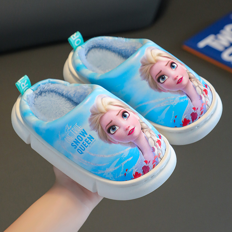 艾莎公主儿童棉拖鞋冬季女童pu皮防水室内保暖防滑小孩宝宝棉拖鞋