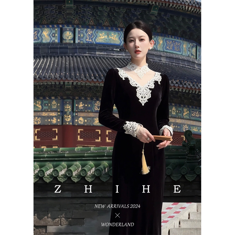 无艳一禾【夜宴】静奢重工优雅千金蕾丝拼接韩国绒鱼尾连衣裙