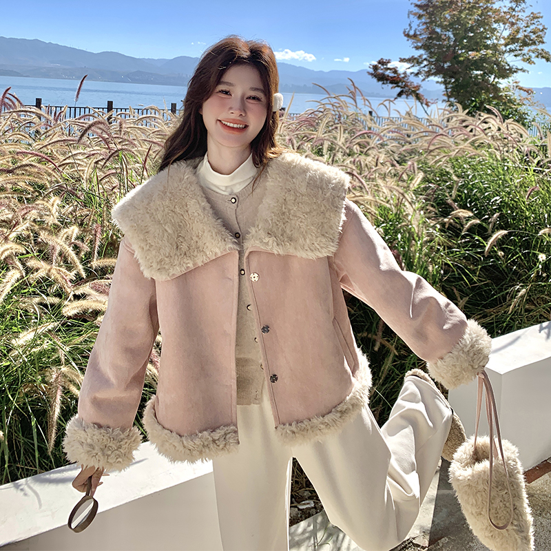 粉色大翻领羊羔毛外套女2025冬季新款加厚小个子皮毛一体短款棉服