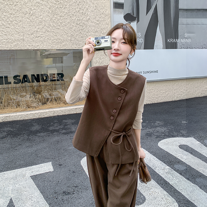 轻熟风韩系穿搭套装女2025春季新款超好看马甲阔腿裤打底衫三件套