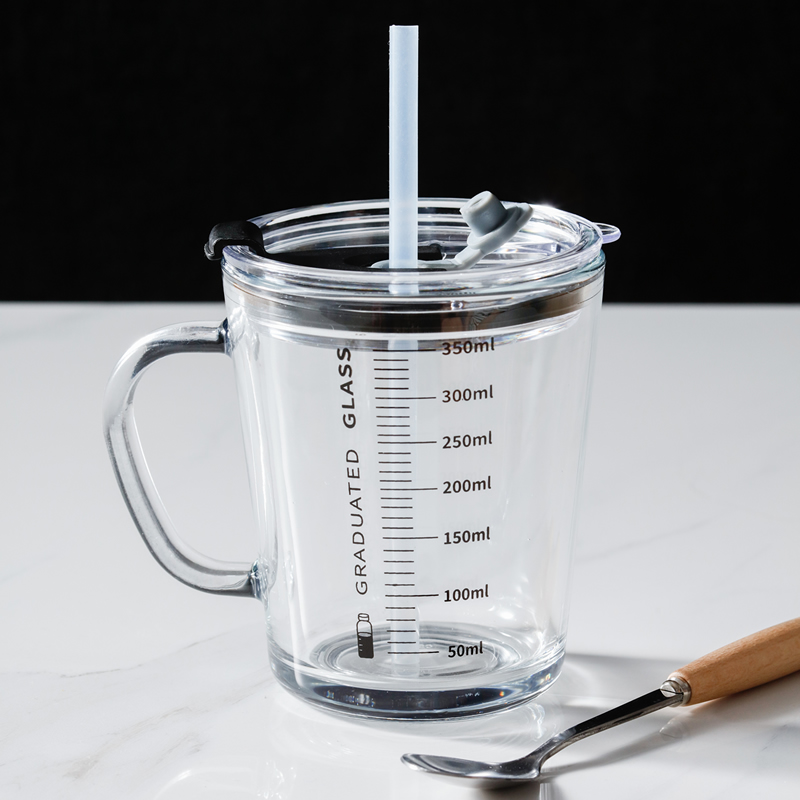 食品级玻璃水杯加厚带刻度的成人儿童喝牛奶粉早餐杯子家用400ML