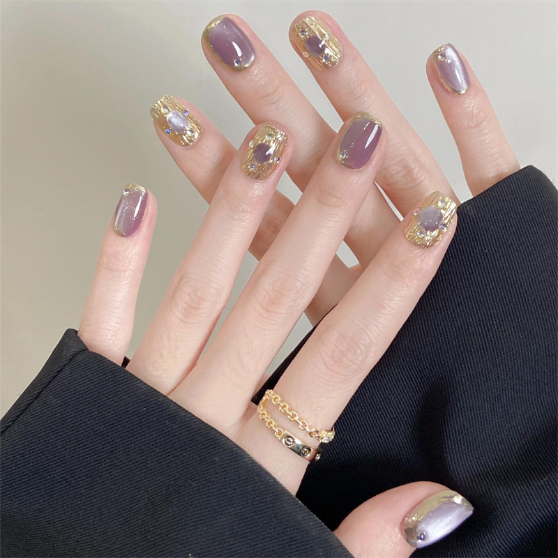 【紫霞仙子】纯手工布契拉提指甲贴气质紫色猫眼穿戴式美甲穿戴甲
