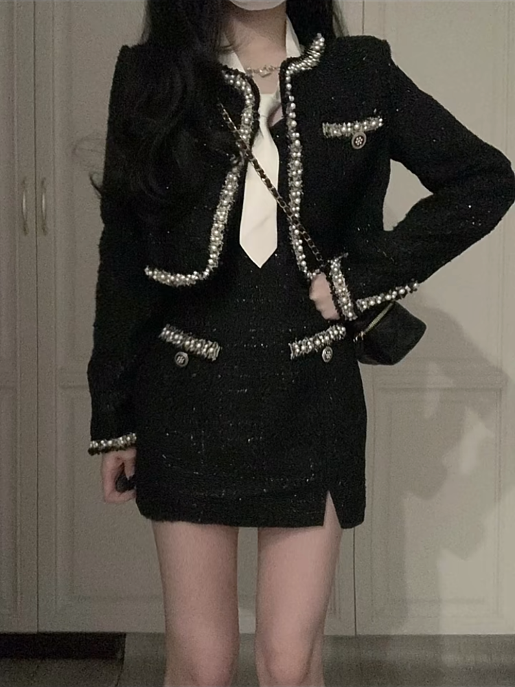 一整套高级感时尚韩系千金小香风套装裙重工长袖外套修身吊带短裙